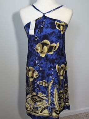 Blue & Gold Fish-Print Halter Smocked  Mini Dress XL